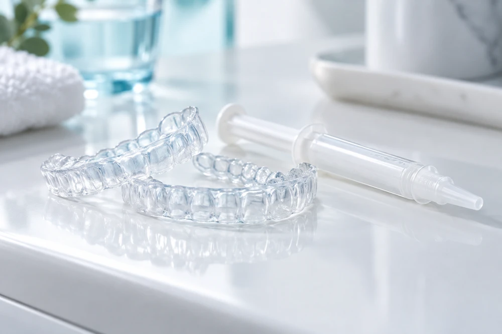 Ilustração: Moldeiras transparentes e gel para clareamento dental